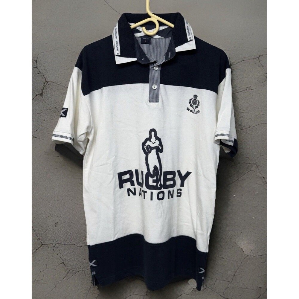 Scotland Rugby Nations Team Sewn Thistle Flag Polo Shirt Short Sleeves Men M EUC
